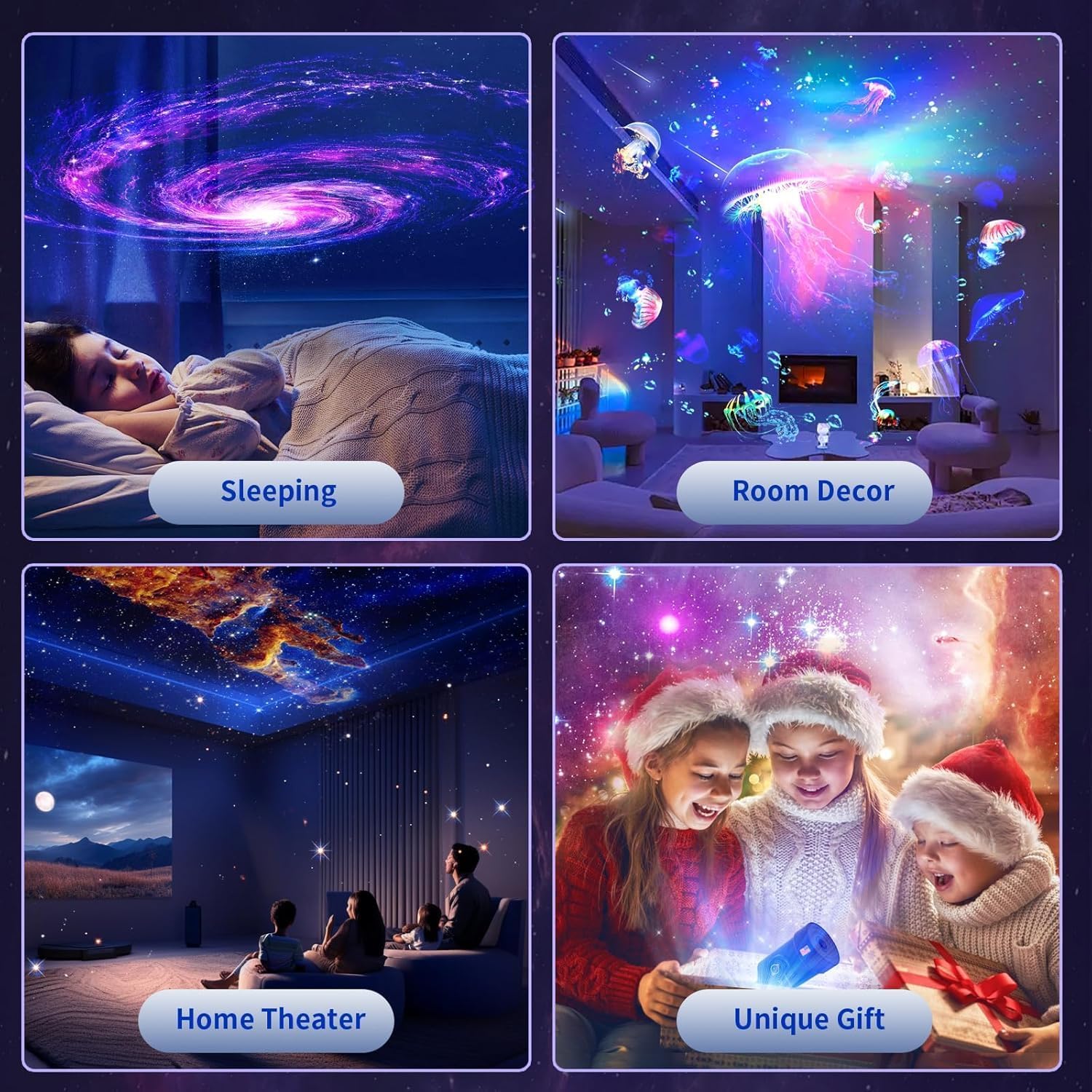 Collage of images showing a device projecting starry night sky and galaxy images into different settings.