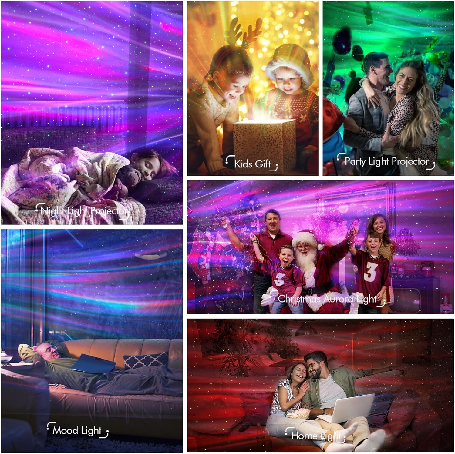 Collage of images showing a party light projector with various scenes and settings.
