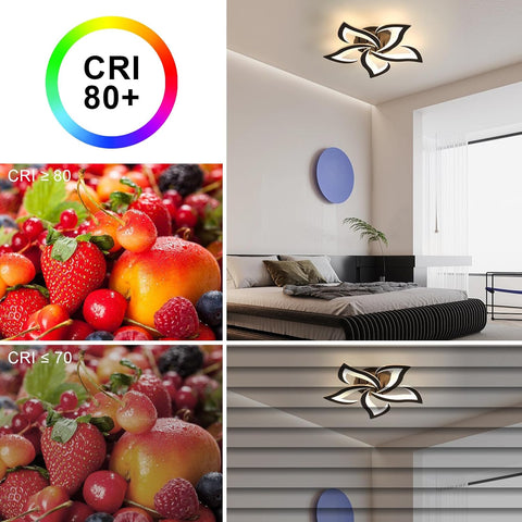 Collage of images with CRI 80+ rating, fruits, bedroom interior, and decorative wall art.