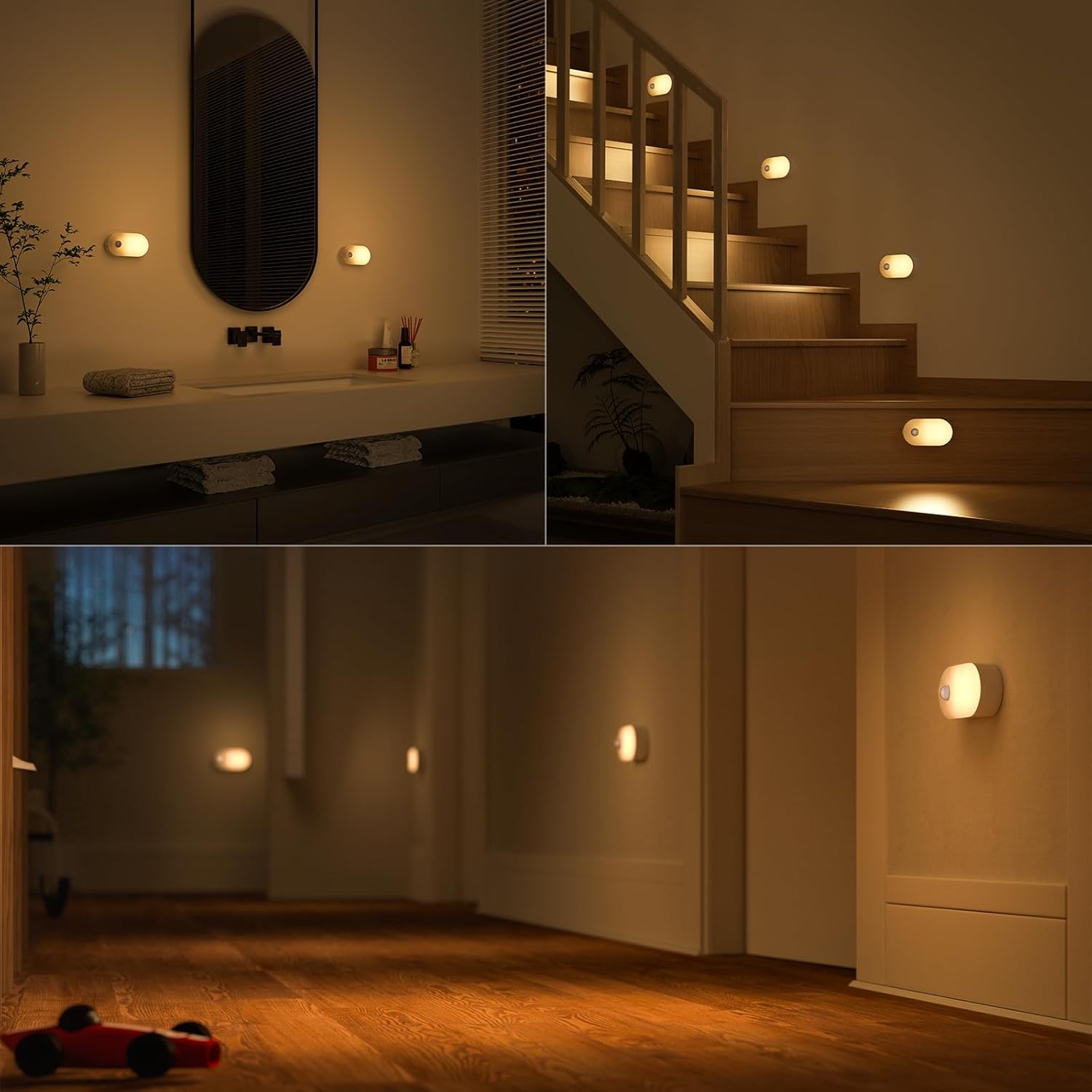 Collage of indoor scenes with wall-mounted lights illuminating various areas.