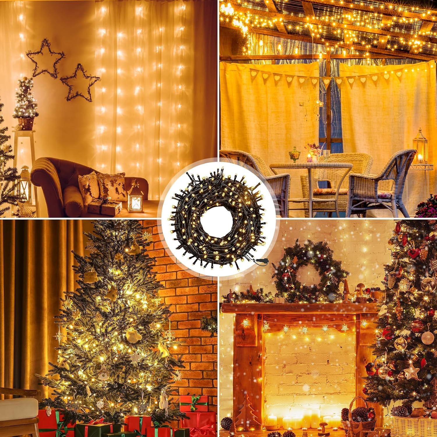 Collage of indoor settings decorated with string lights, including a living room, dining area, Christmas tree, and fireplace.