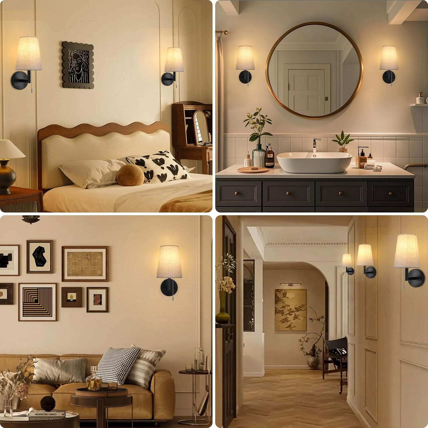 Collage of interior design elements including a bedroom, bathroom, living room, and hallway with wall sconces.