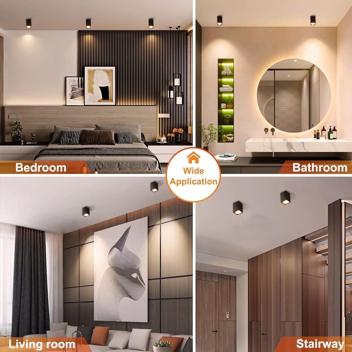 Collage of interior design elements including a bedroom, bathroom, living room, and stairway with lighting fixtures.