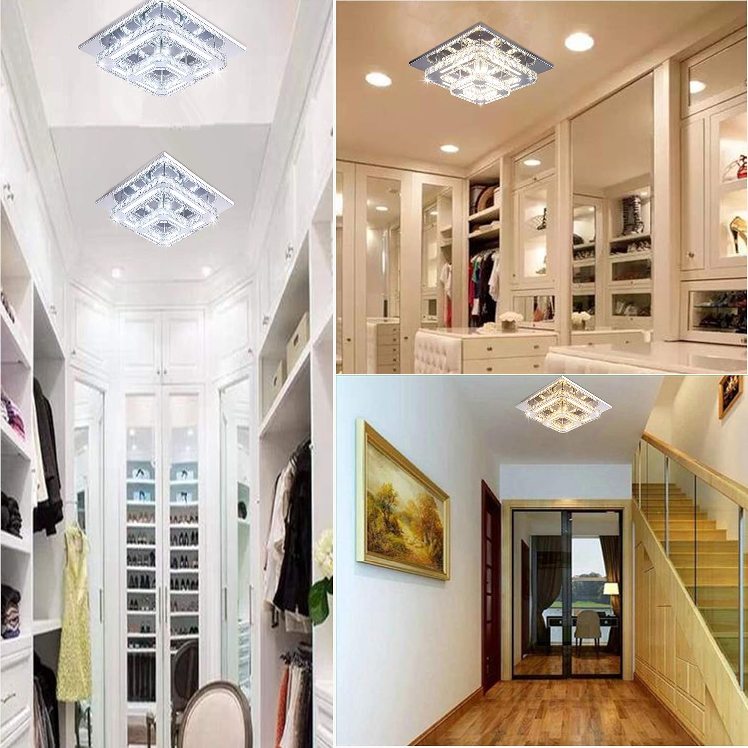 Collage of interior design elements including ceiling lights, wardrobe, and staircase.