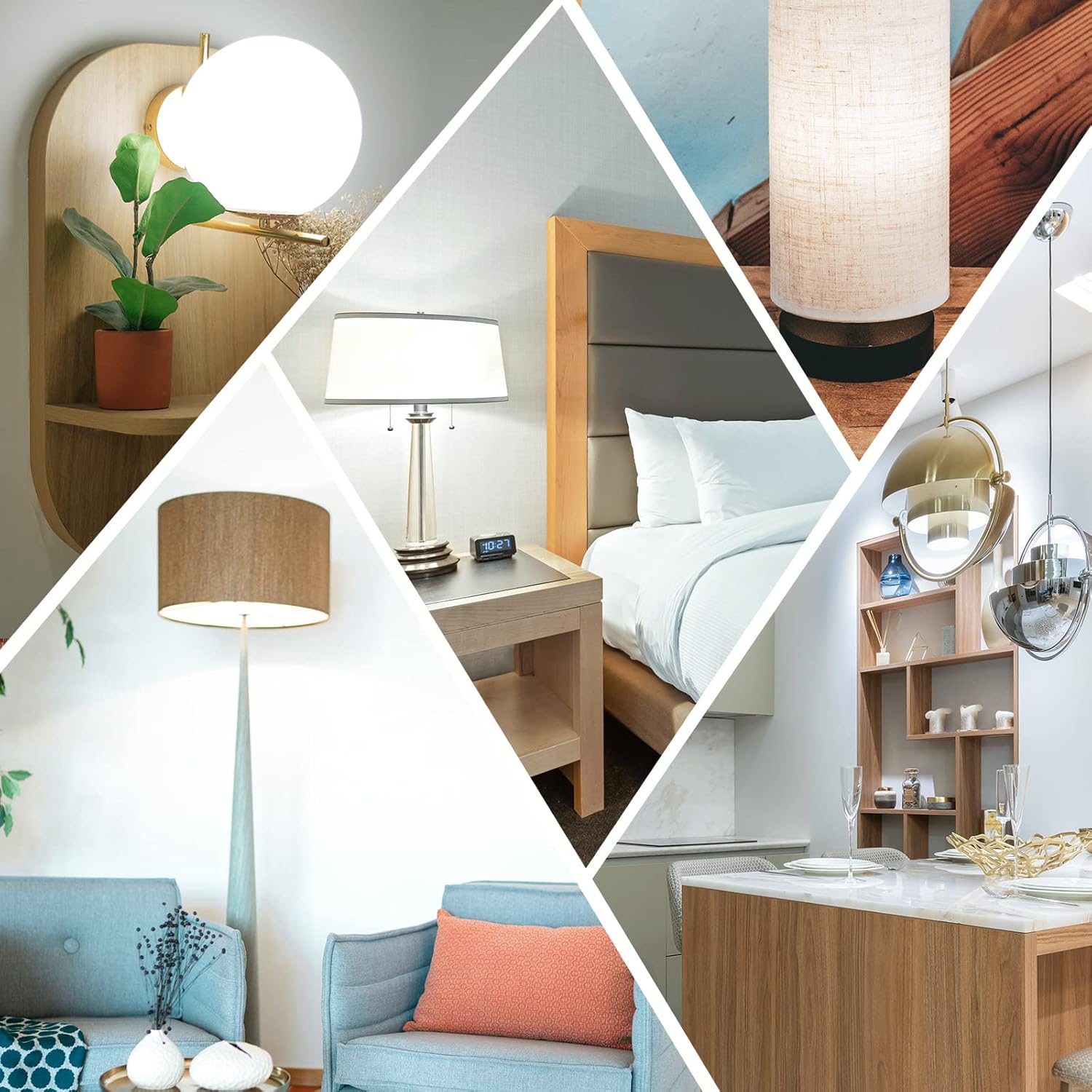 Collage of interior design elements including lamps, shelves, and furniture.