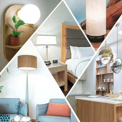 Collage of interior design elements including lamps, shelves, and furniture.