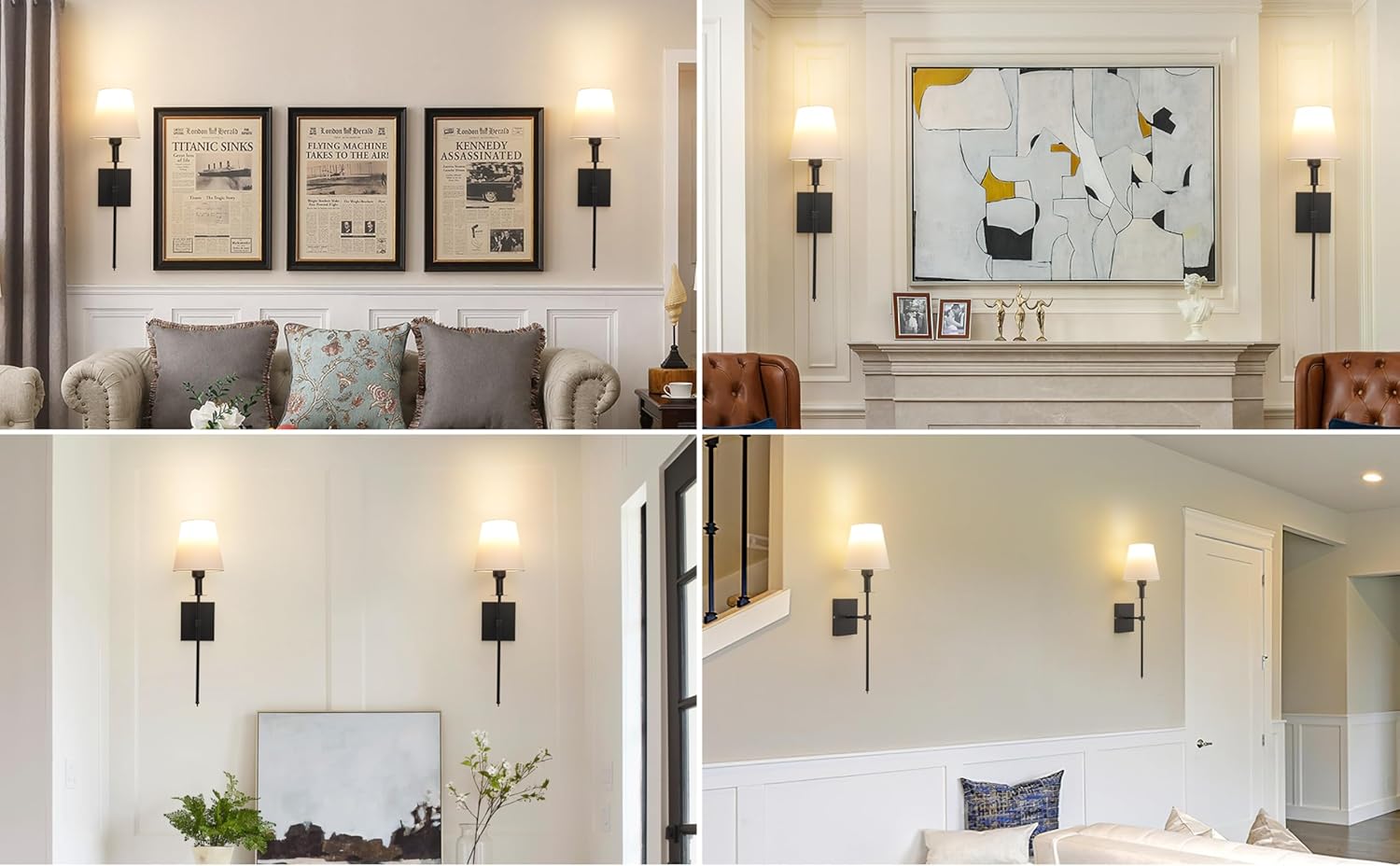 Collage of interior design elements including wall sconces, framed art, and decor in a living room setting.