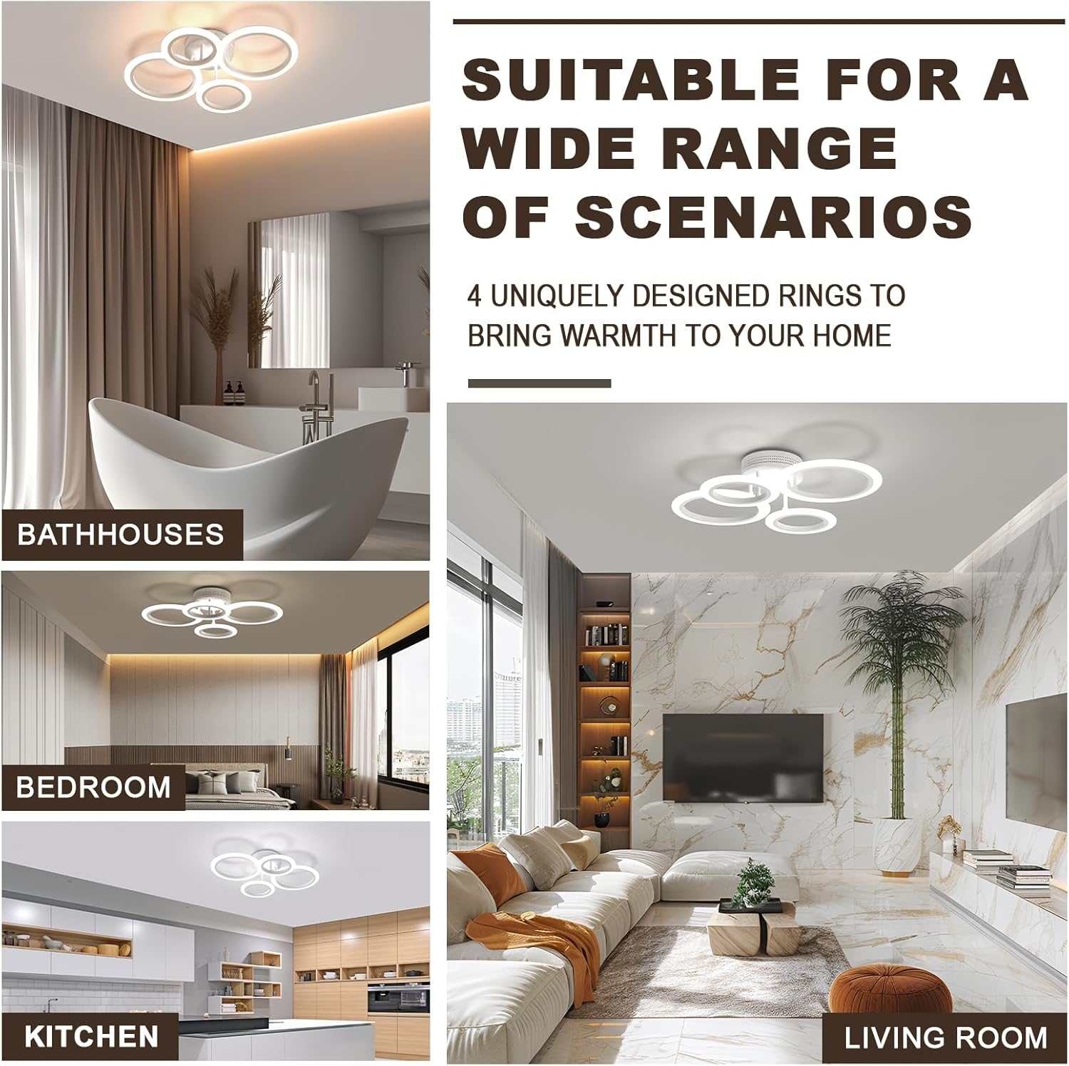 Collage of interior settings with ceiling lights labeled for bathhouses, bedrooms, kitchens, and living rooms.
