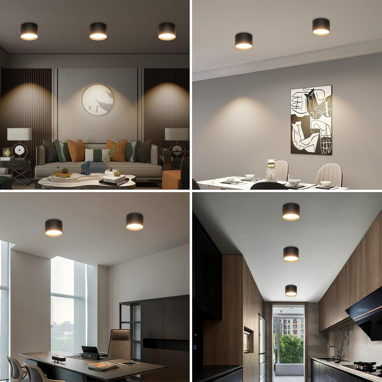 Collage of interior settings with modern ceiling lights in different rooms.