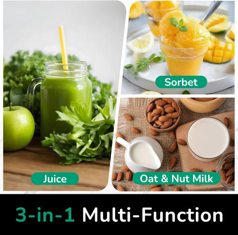 Collage of juice, sorbet, and oat and nut milk with text labels and '3-in-1 Multi-Function' text.