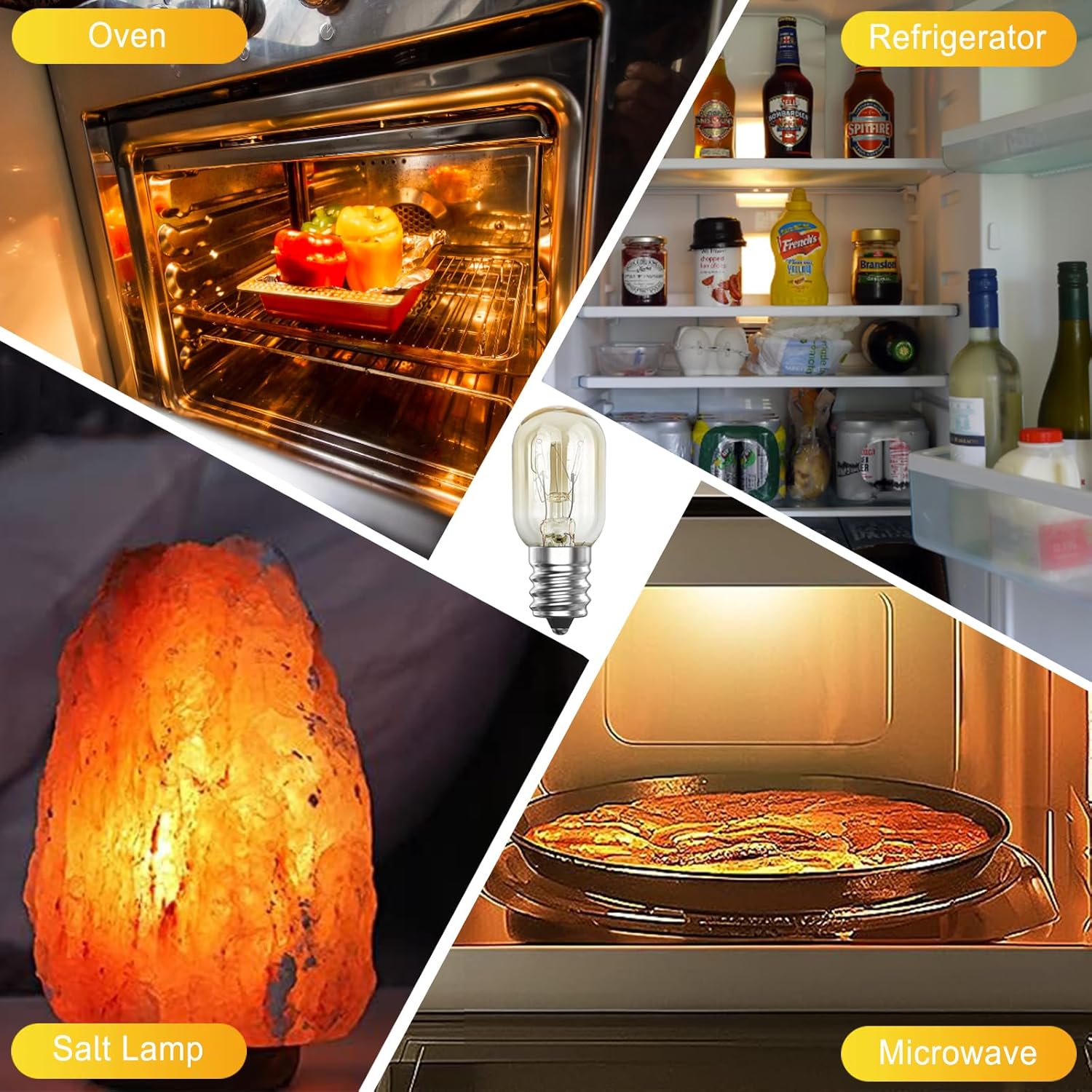 Collage of kitchen appliances including an oven, refrigerator, salt lamp, and microwave.