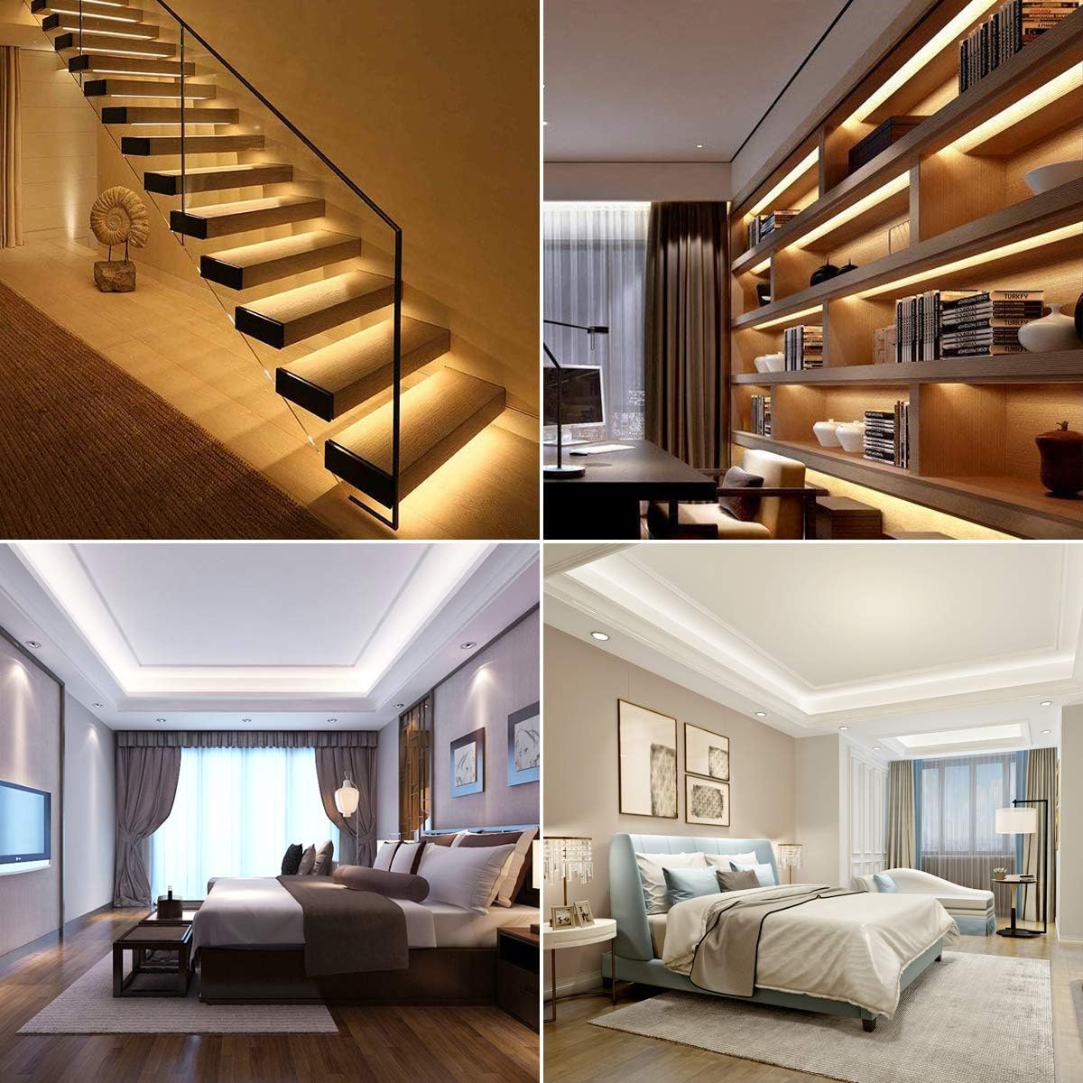 Collage of modern interior design elements including a staircase with lights, shelves, and bedrooms.
