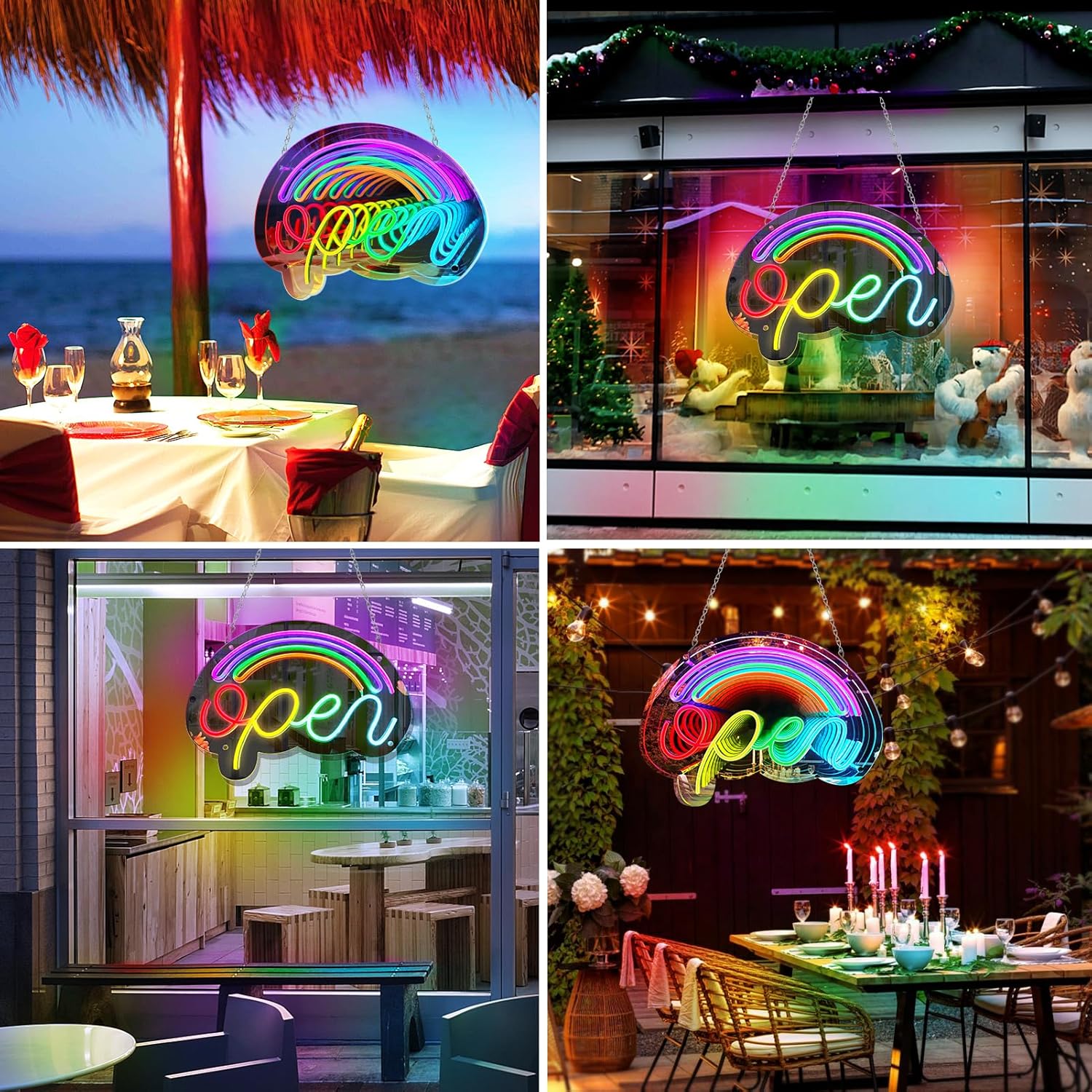 Collage of neon 'open' signs in various settings including a beachside restaurant and a cozy indoor space.