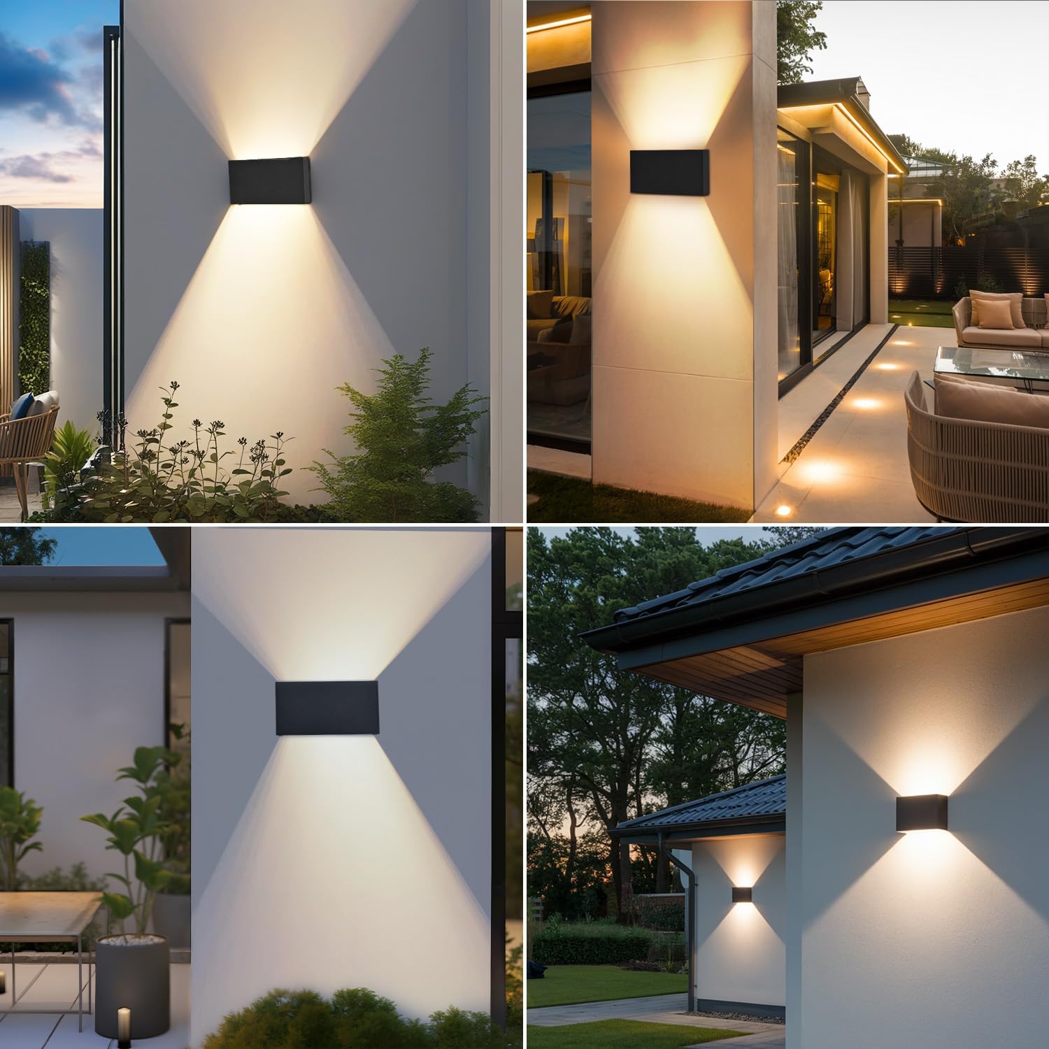 Collage of outdoor wall lights on various building facades with garden and patio scenes.