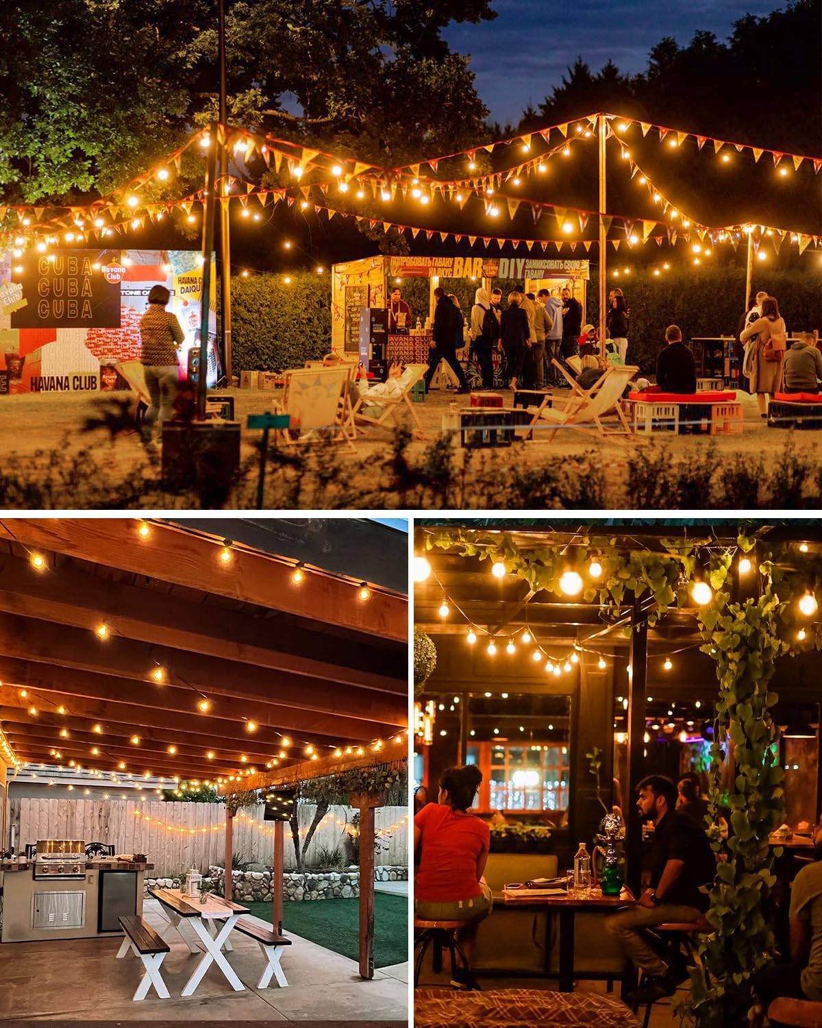 Collage of outdoor event with string lights and people socializing.