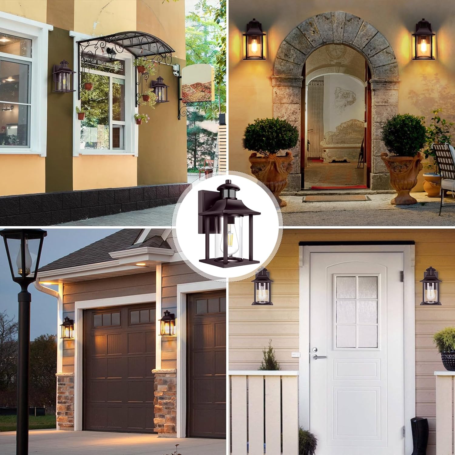 Collage of outdoor lighting fixtures on various home exteriors.