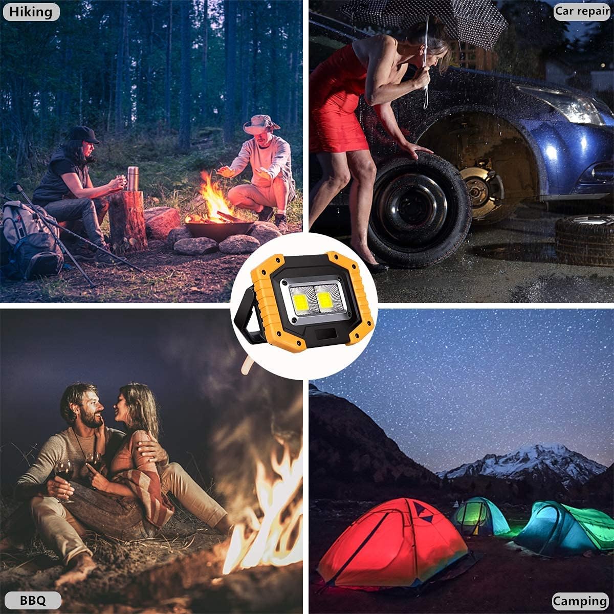 Collage of outdoor activities including hiking, car repair, BBQ, and camping with a spotlight in the center.