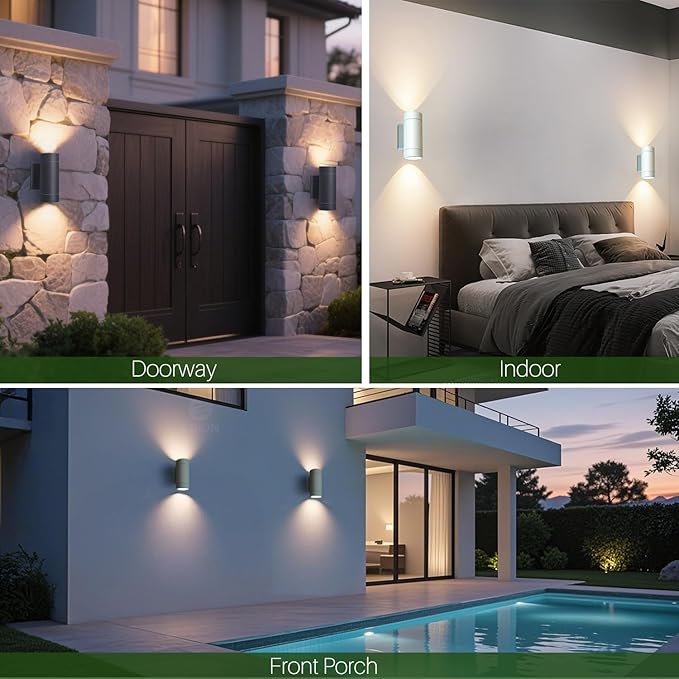 Collage of outdoor and indoor lighting fixtures on a house exterior and interior.