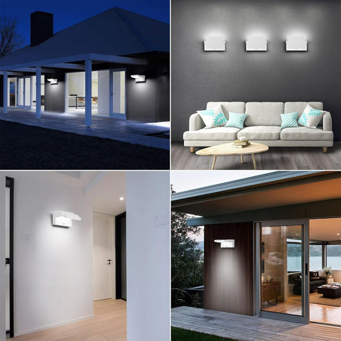 Collage of outdoor and indoor lighting fixtures with a modern house, sofa, and wall lights.