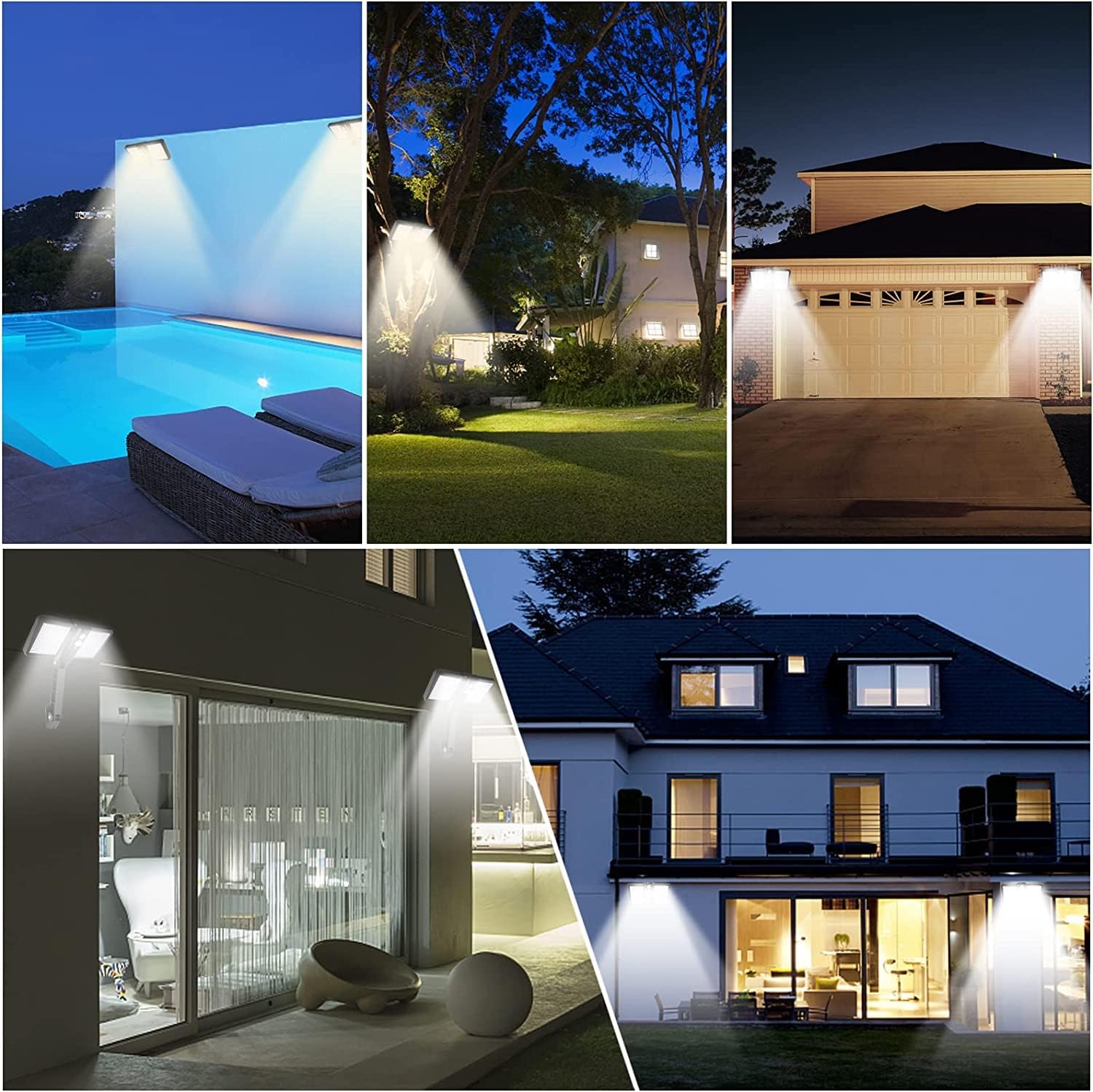 Collage of outdoor and indoor lighting scenarios including a pool, garden, and house exterior.