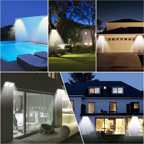 Collage of outdoor and indoor lighting scenarios including a pool, garden, and house exterior.