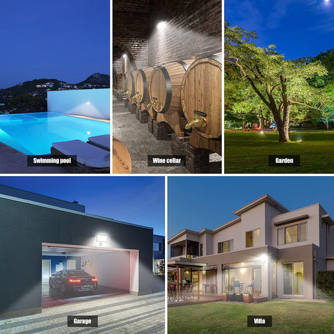 Collage of outdoor and indoor settings including a swimming pool, wine cellar, garden, garage, and villa.