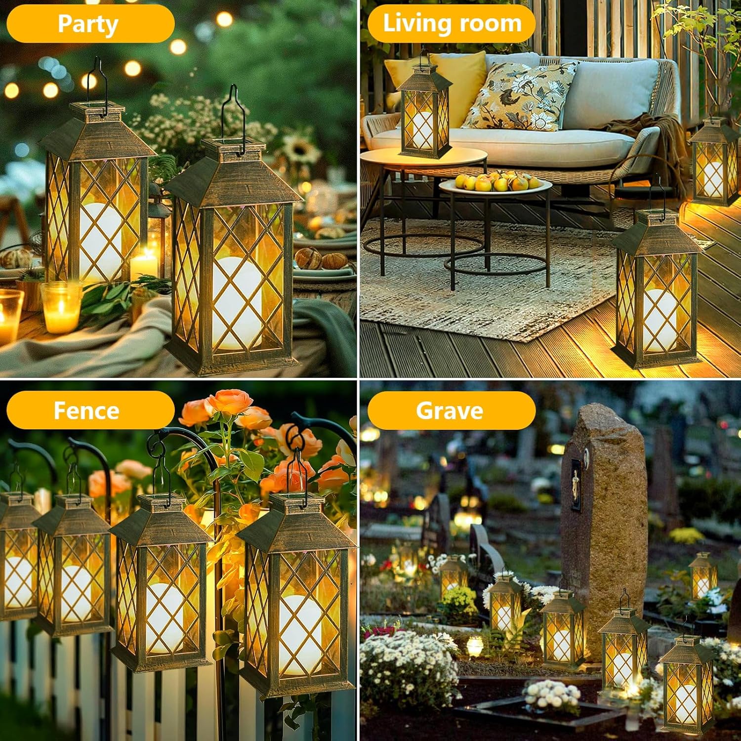 Collage of outdoor and indoor settings with decorative lanterns.