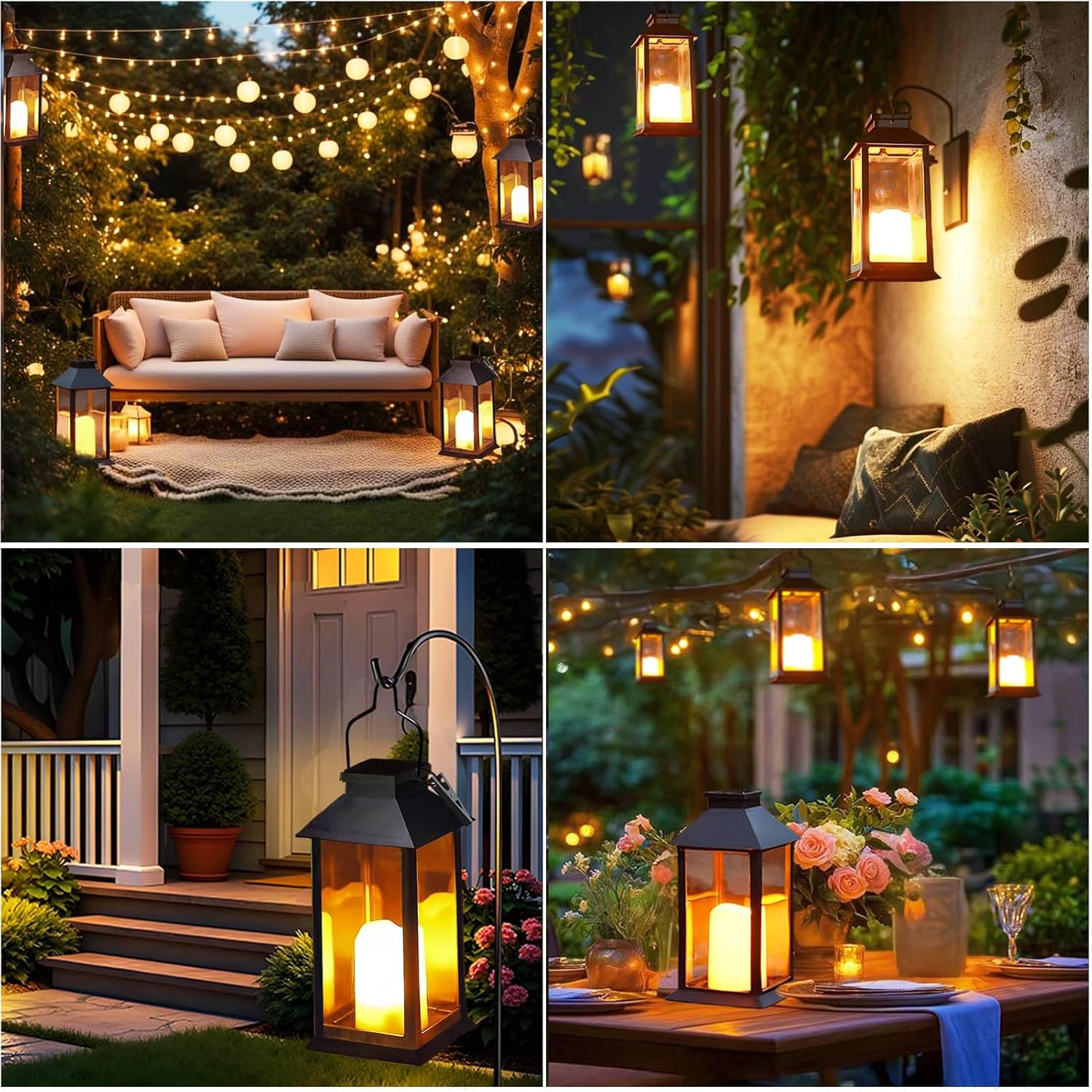 Collage of outdoor evening scenes with string lights, lanterns, and seating areas.