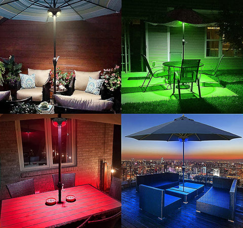 Collage of outdoor furniture and lighting scenarios including a patio, garden, indoor setting, and cityscape.