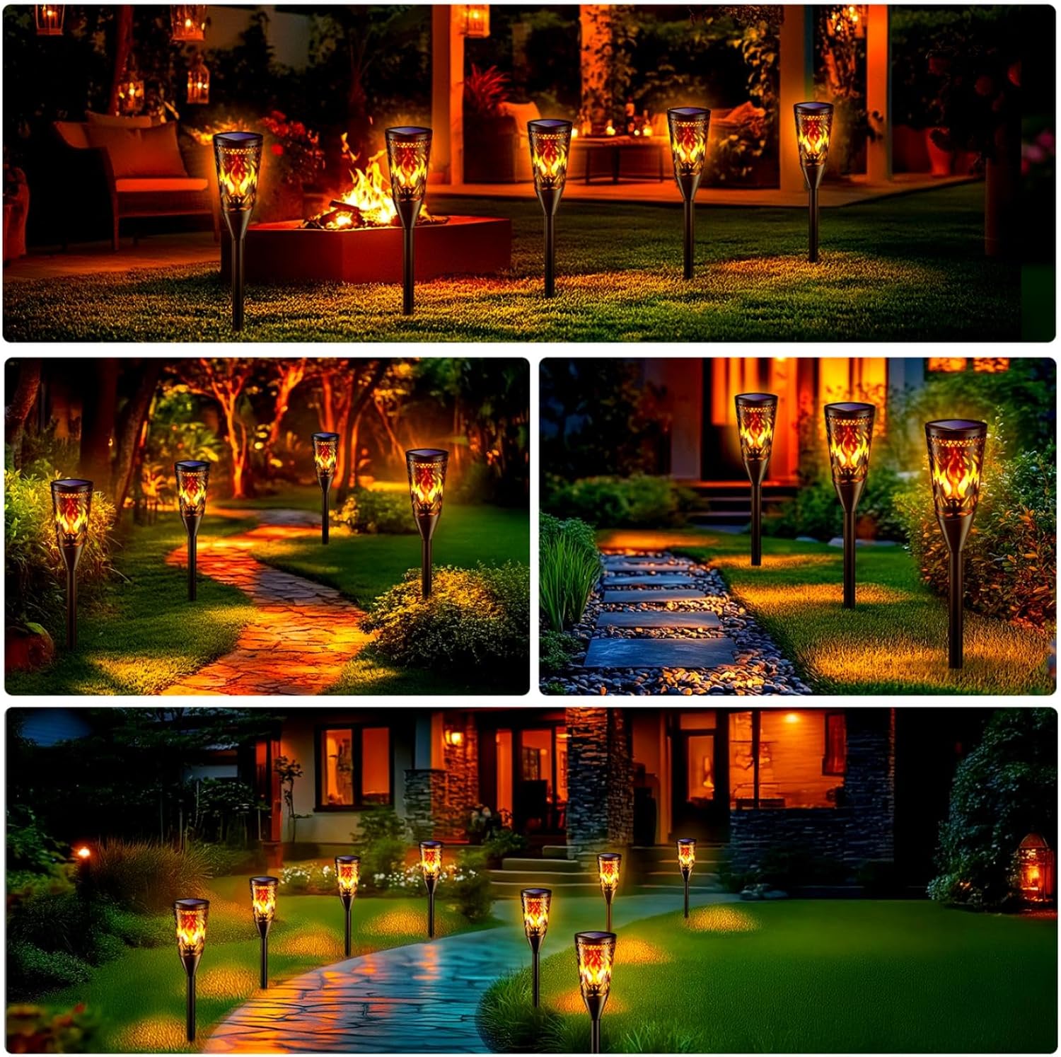 Collage of outdoor garden lights illuminating pathways and areas.