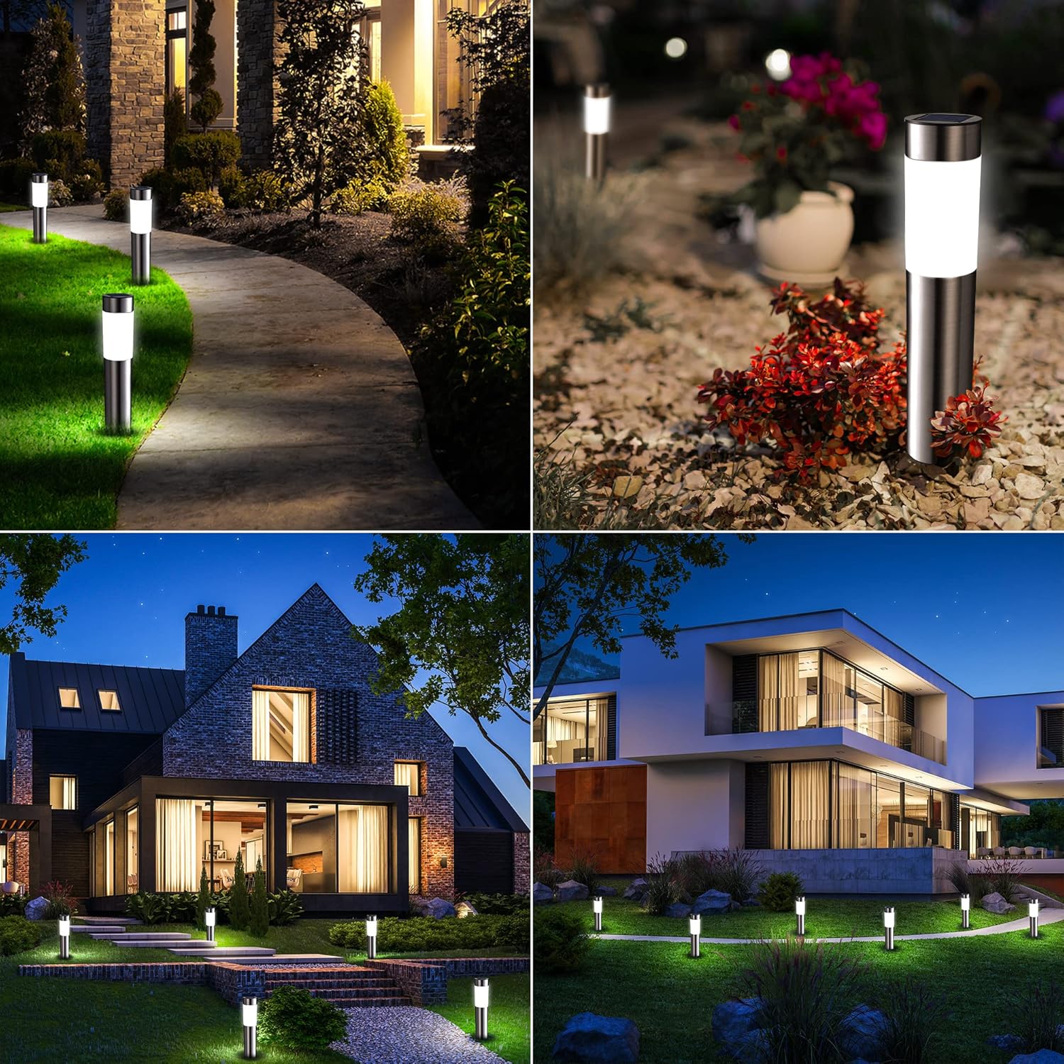 Collage of outdoor garden lights in various settings