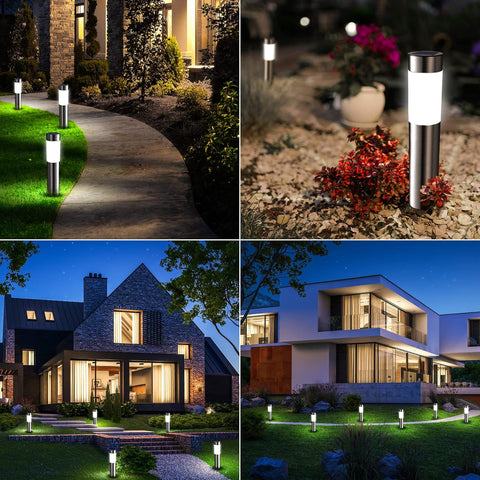 Collage of outdoor garden lights in various settings