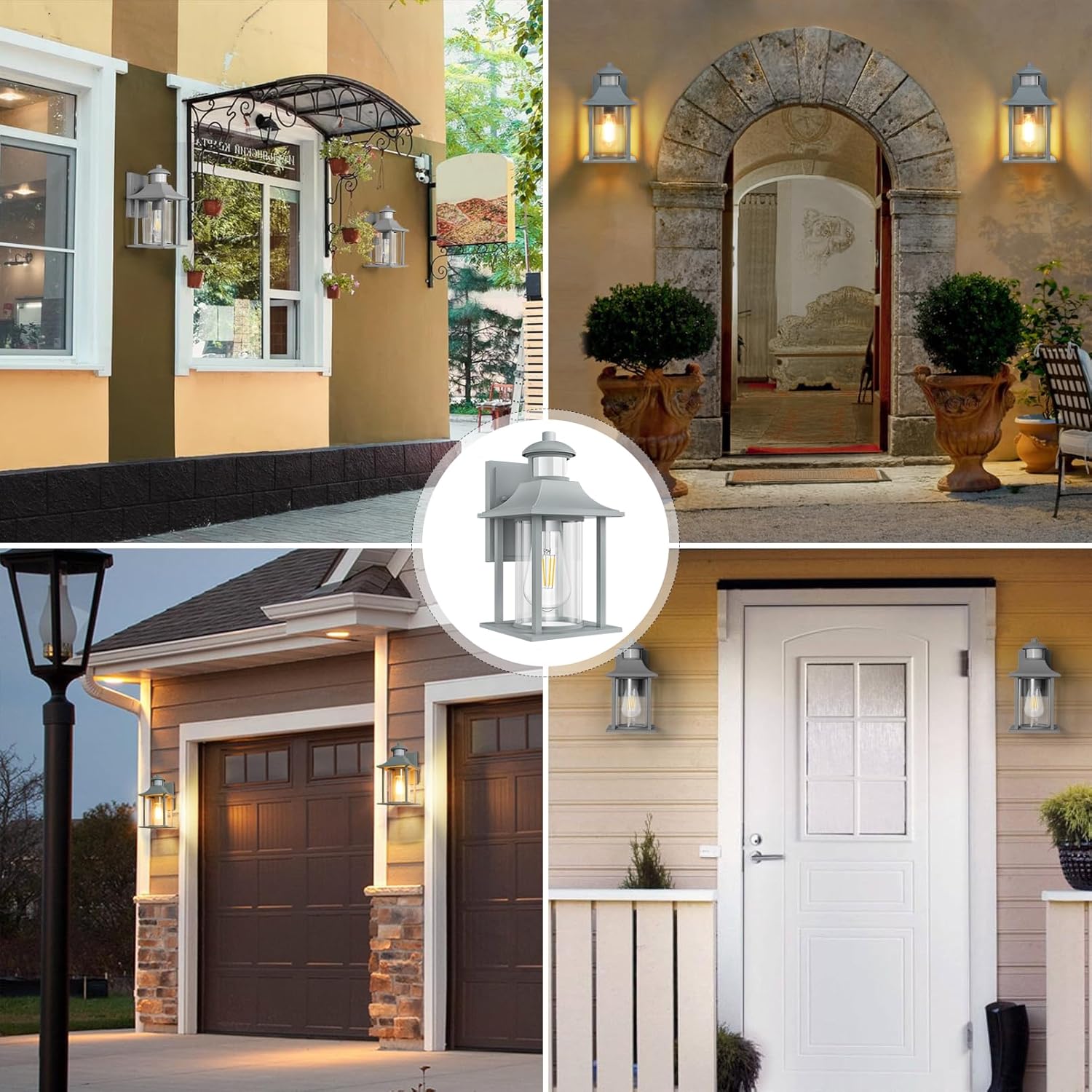 Collage of outdoor lighting fixtures on various home exteriors.