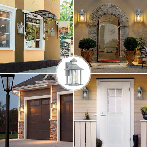 Collage of outdoor lighting fixtures on various home exteriors.
