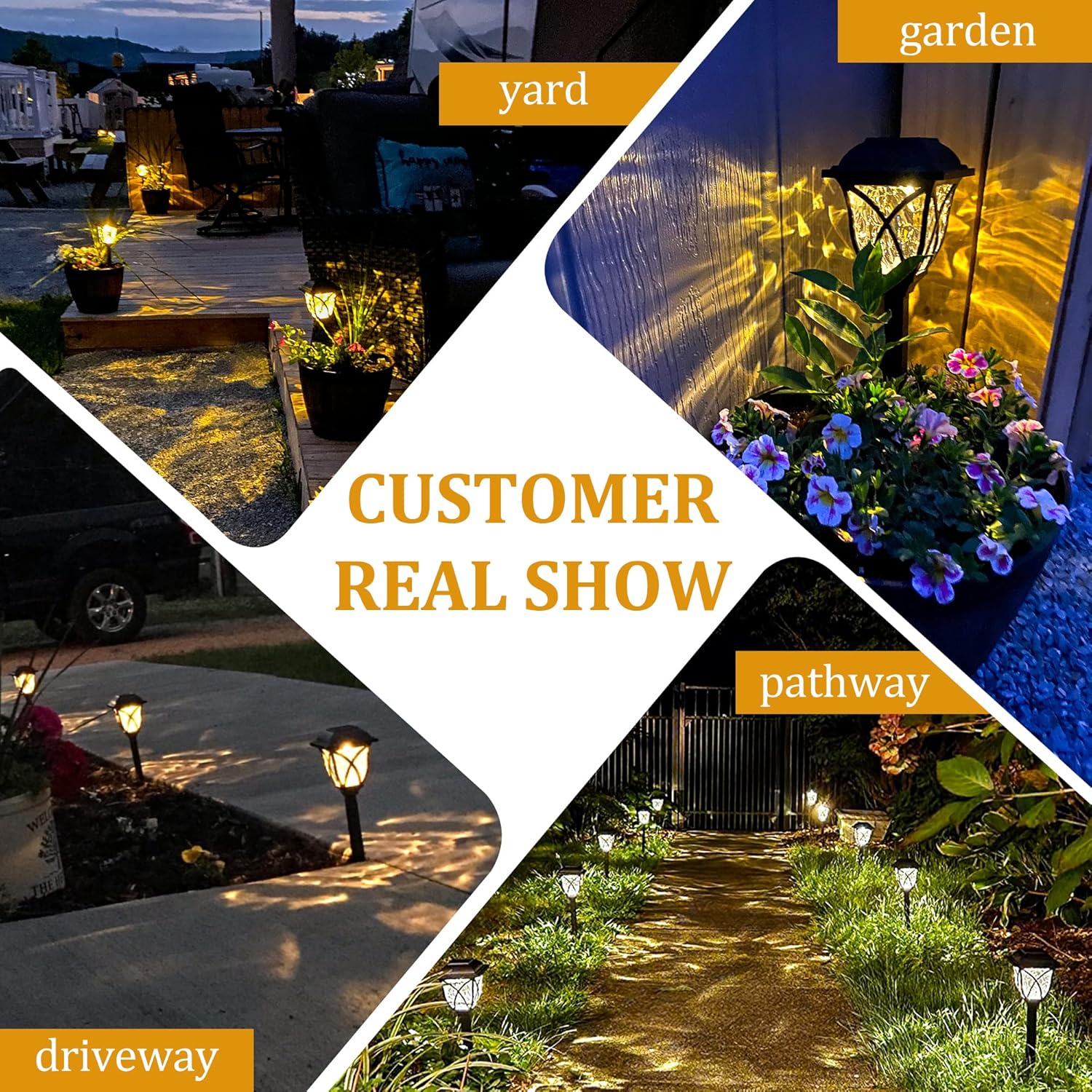 Collage of outdoor lighting fixtures in a garden, driveway, and pathway with text overlay.