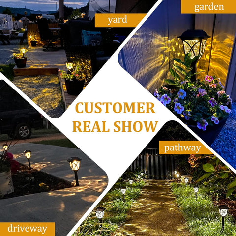 Collage of outdoor lighting fixtures in a garden, driveway, and pathway with text overlay.