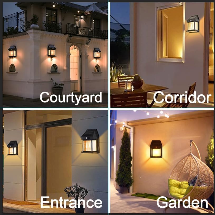 Collage of outdoor lighting fixtures in courtyard, corridor, entrance, and garden settings.