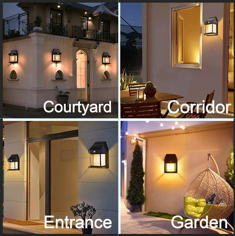 Collage of outdoor lighting fixtures in courtyard, corridor, entrance, and garden settings.