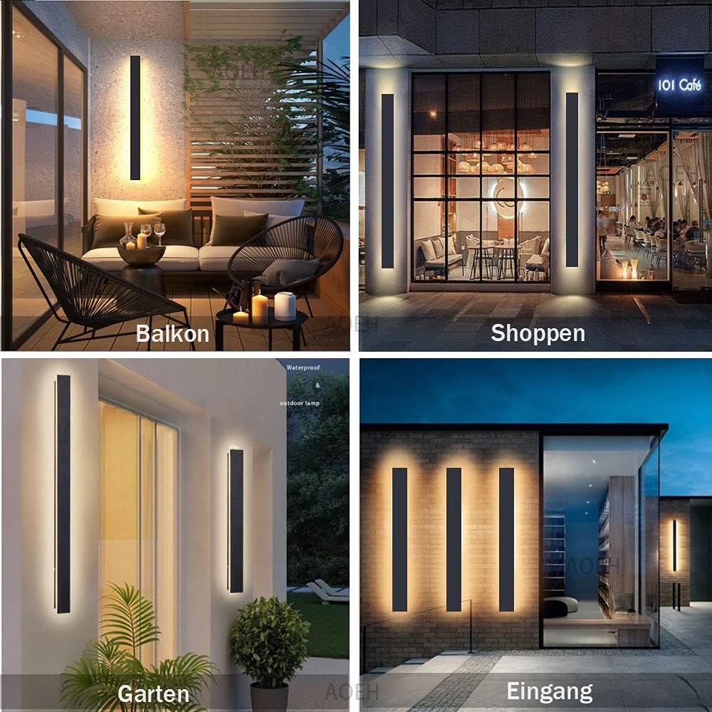Collage of outdoor lighting fixtures in different settings including a balcony, shop front, garden, and entrance.