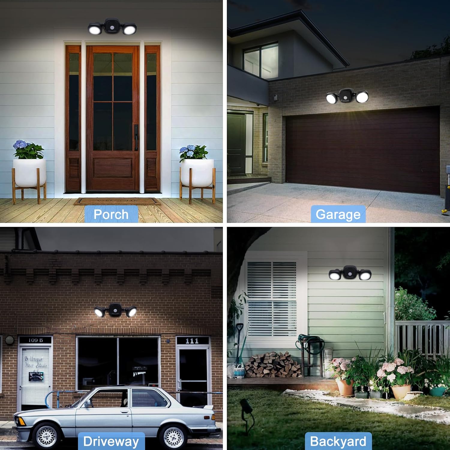 Collage of outdoor lighting fixtures in different settings including a porch, garage, driveway, and backyard.