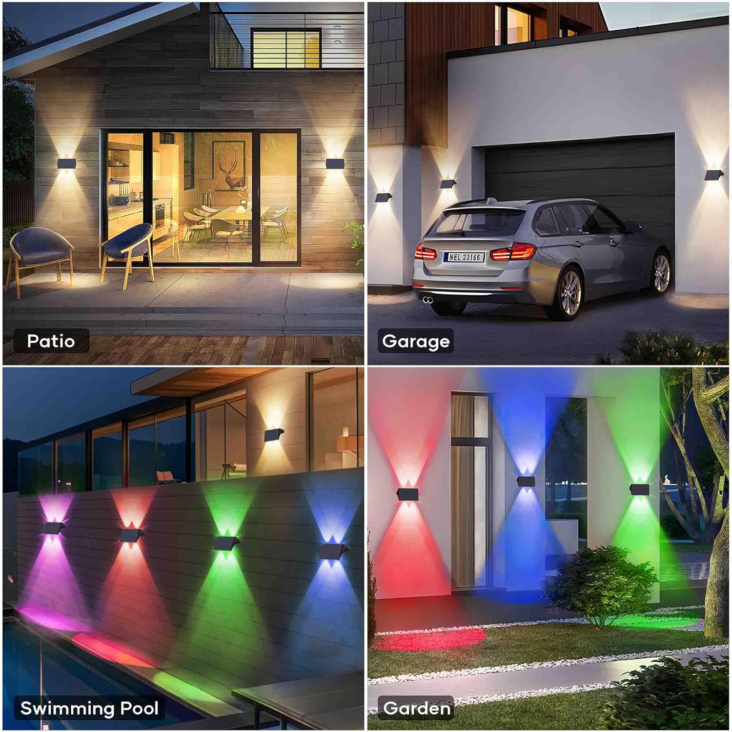 Collage of outdoor lighting fixtures in different settings including patio, garage, swimming pool, and garden.
