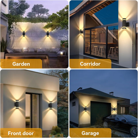 Collage of outdoor lighting fixtures in garden, corridor, front door, and garage settings.