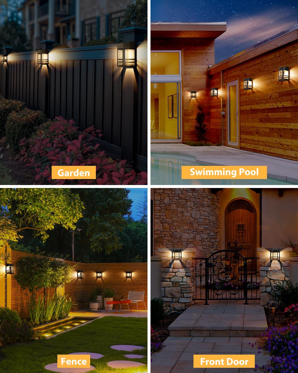 Collage of outdoor lighting fixtures in garden, swimming pool, fence, and front door settings.