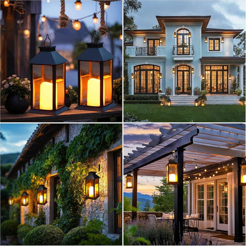 Collage of outdoor lighting fixtures in various settings including a house exterior, patio, and garden.