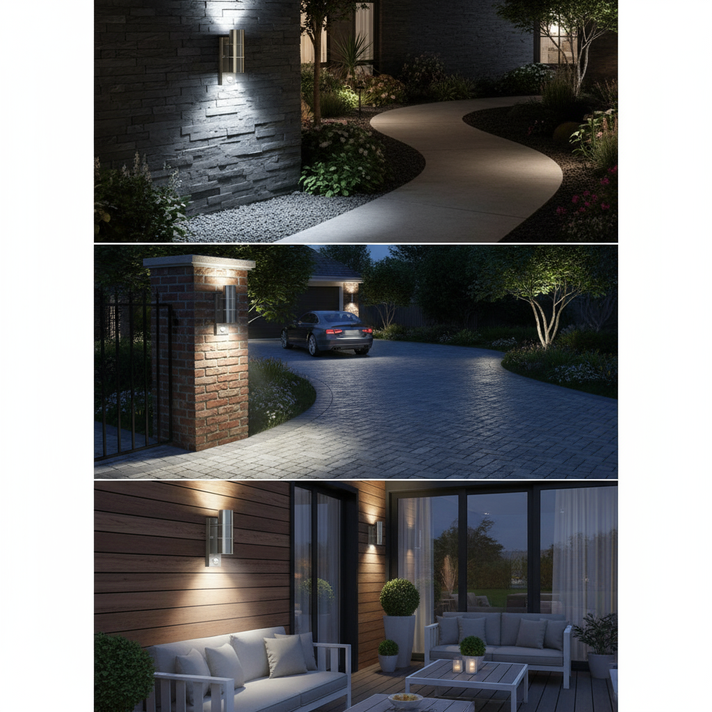Collage of outdoor lighting fixtures in various settings including a pathway, driveway, and patio.