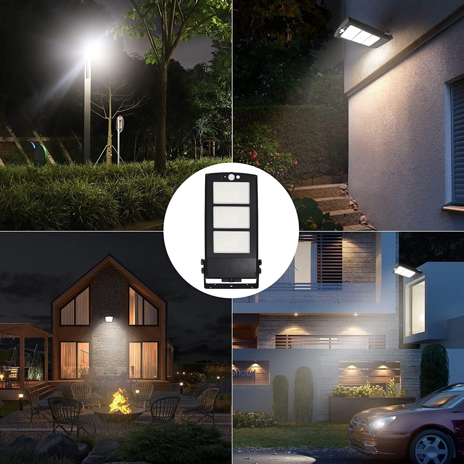 Collage of outdoor lighting fixtures in various settings including a streetlight, house exterior, and car.