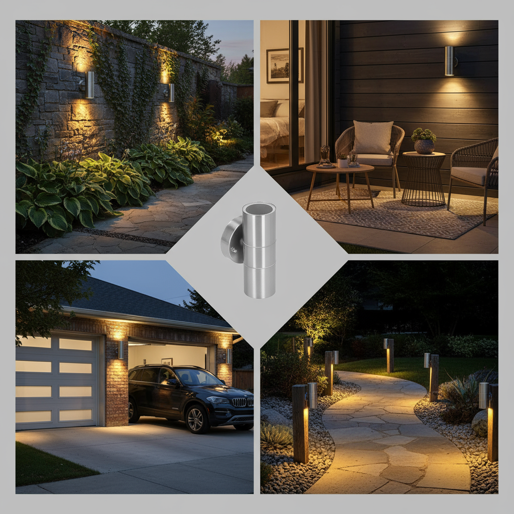 Collage of outdoor lighting fixtures in various settings with a central focus on a silver light fixture.