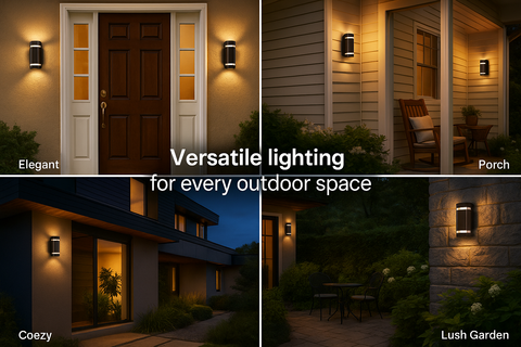 Collage of outdoor lighting fixtures in various settings with text 'Versatile lighting for every outdoor space'.