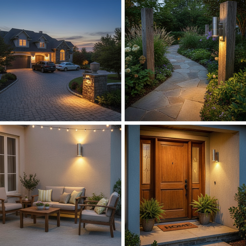 Collage of outdoor lighting fixtures on a house exterior.