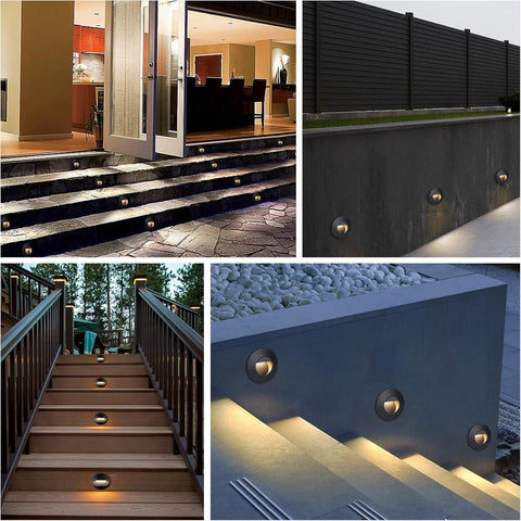 Collage of outdoor lighting fixtures on steps, walls, and railings.